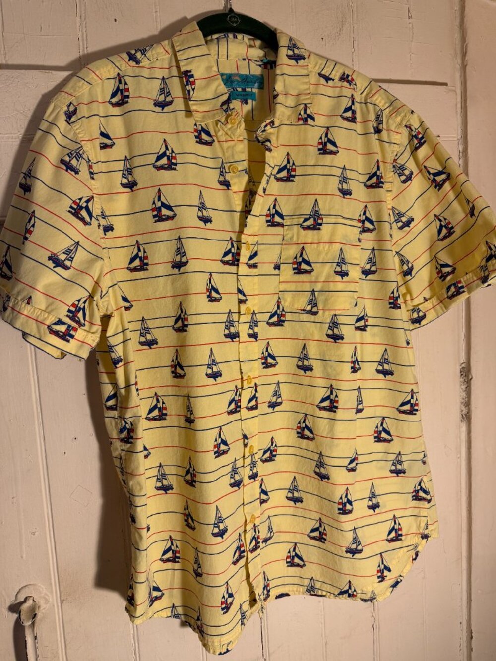 Vintage Joe Marlin Yellow & Blue Sailboat Print Cotton Short Sleeve Shirt Sz XL